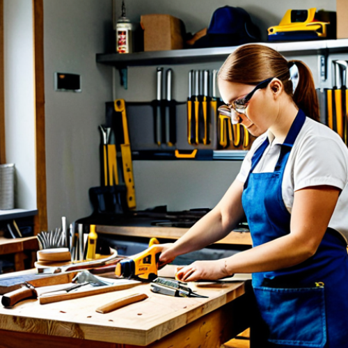 Home 6 **
"A professional woman, fully clothed in a modest workshop apron and safety glasses, working on a small wooden table. Various hand tools (hammer, screwdriver, pliers) are neatly arranged on the workbench. Background shows a bright, organized workshop space with shelves holding wood and supplies. Safe for work, appropriate content, perfect anatomy, correct proportions, natural pose, professional, family-friendly, high quality."
**