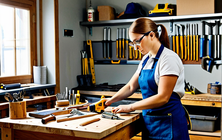 **

"A professional woman, fully clothed in a modest workshop apron and safety glasses, working on a small wooden table. Various hand tools (hammer, screwdriver, pliers) are neatly arranged on the workbench. Background shows a bright, organized workshop space with shelves holding wood and supplies. Safe for work, appropriate content, perfect anatomy, correct proportions, natural pose, professional, family-friendly, high quality."

**