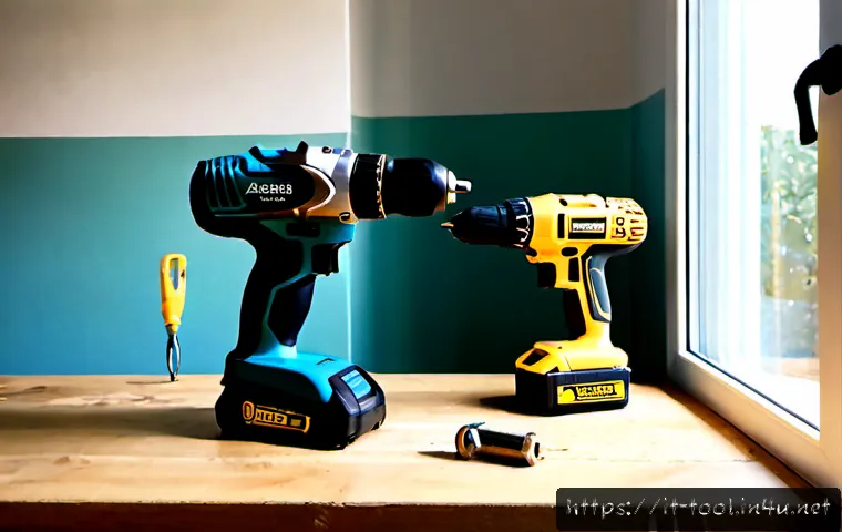 전동 드릴 추천 및 비교 - Photorealistic product comparison scene of two cordless electric drills, one compact lightweight mod...