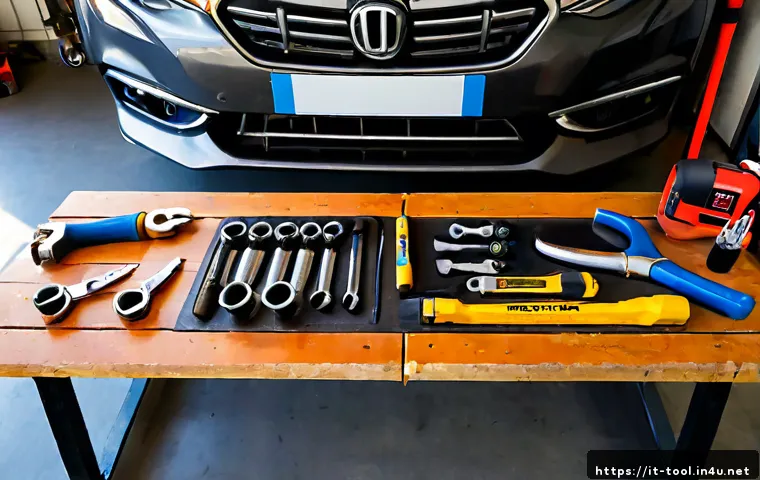 자동차 정비 필수 공구 추천 - Photorealistic overhead view of essential car maintenance tools neatly arranged on a clean wooden wo...